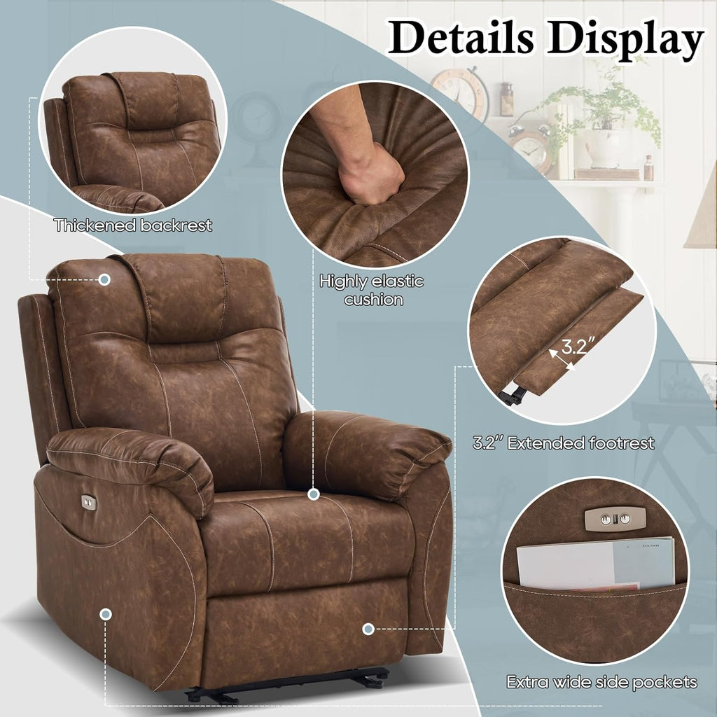Electric Recliner with Heat & Massage, Leather Recliner Chair with Extended Footrest, Power Recliner Chair with USB Ports U74815