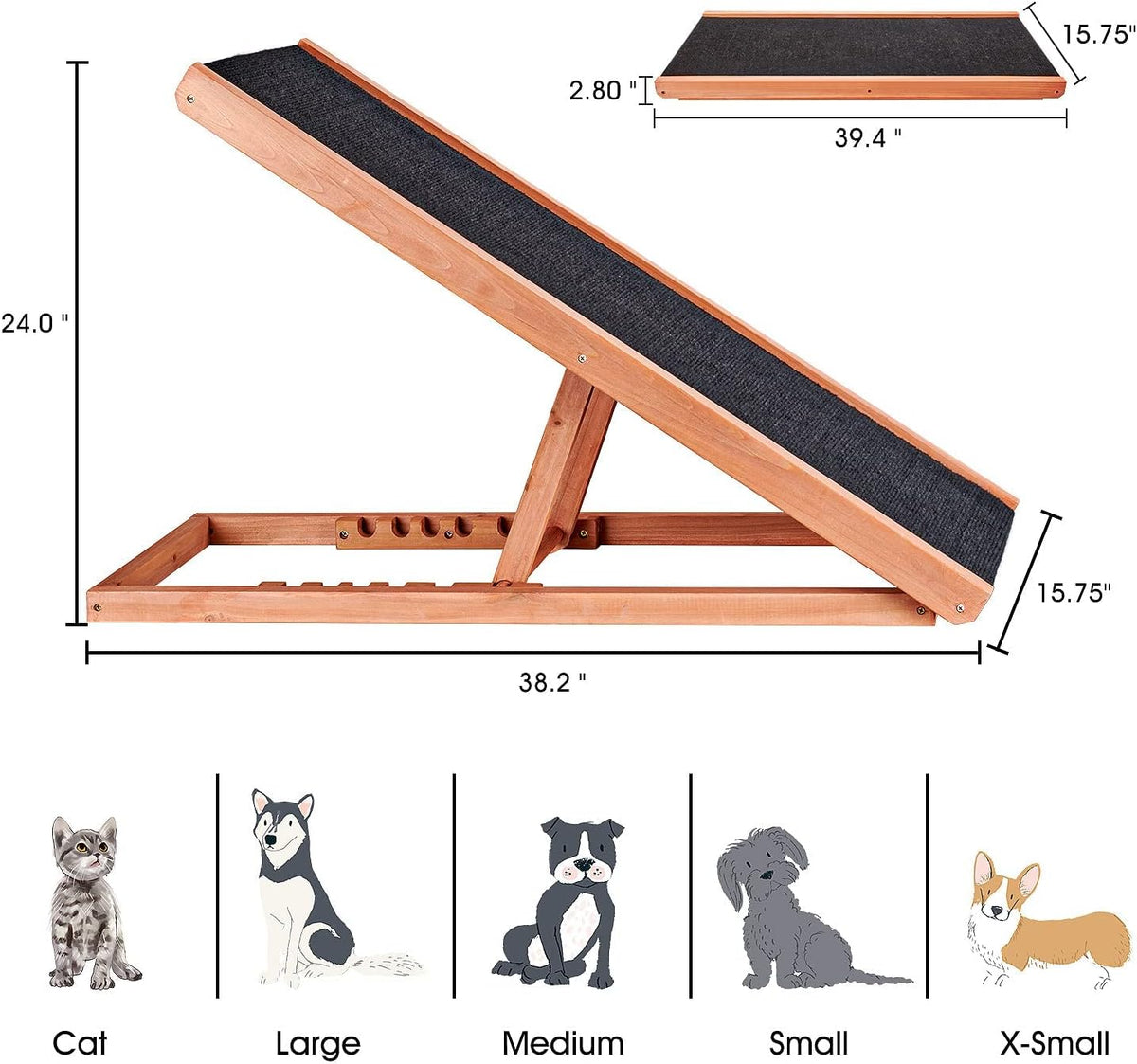 Wooden Height Adjustable Pet Ramp with Non Slip Carpet Surface, Foldable (Large) Z88225