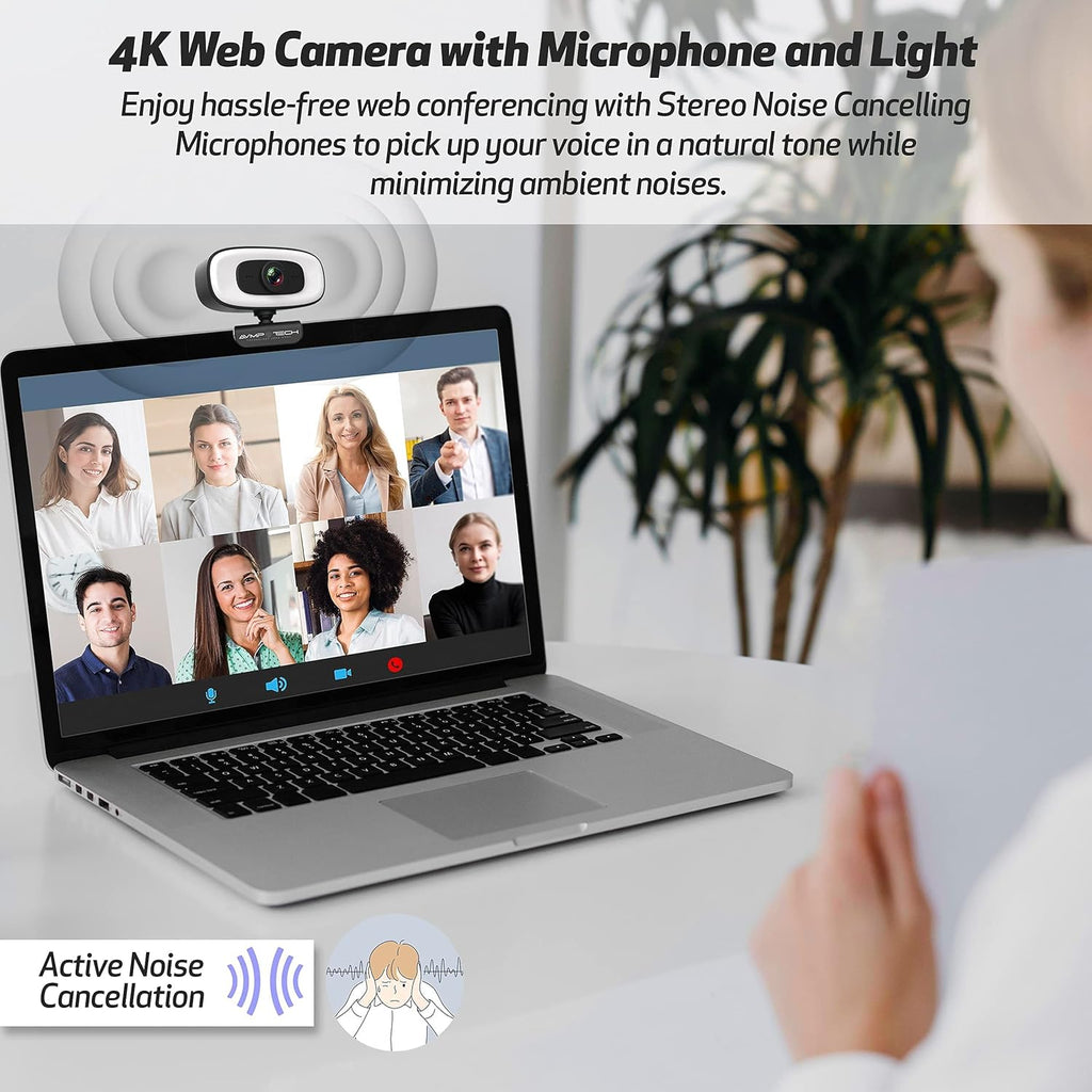 4K Webcam with Light, 8MP Autofocus USB Web Cam with Microphone, Tripod, USBC, Privacy Cover, Pack of 2 K64912