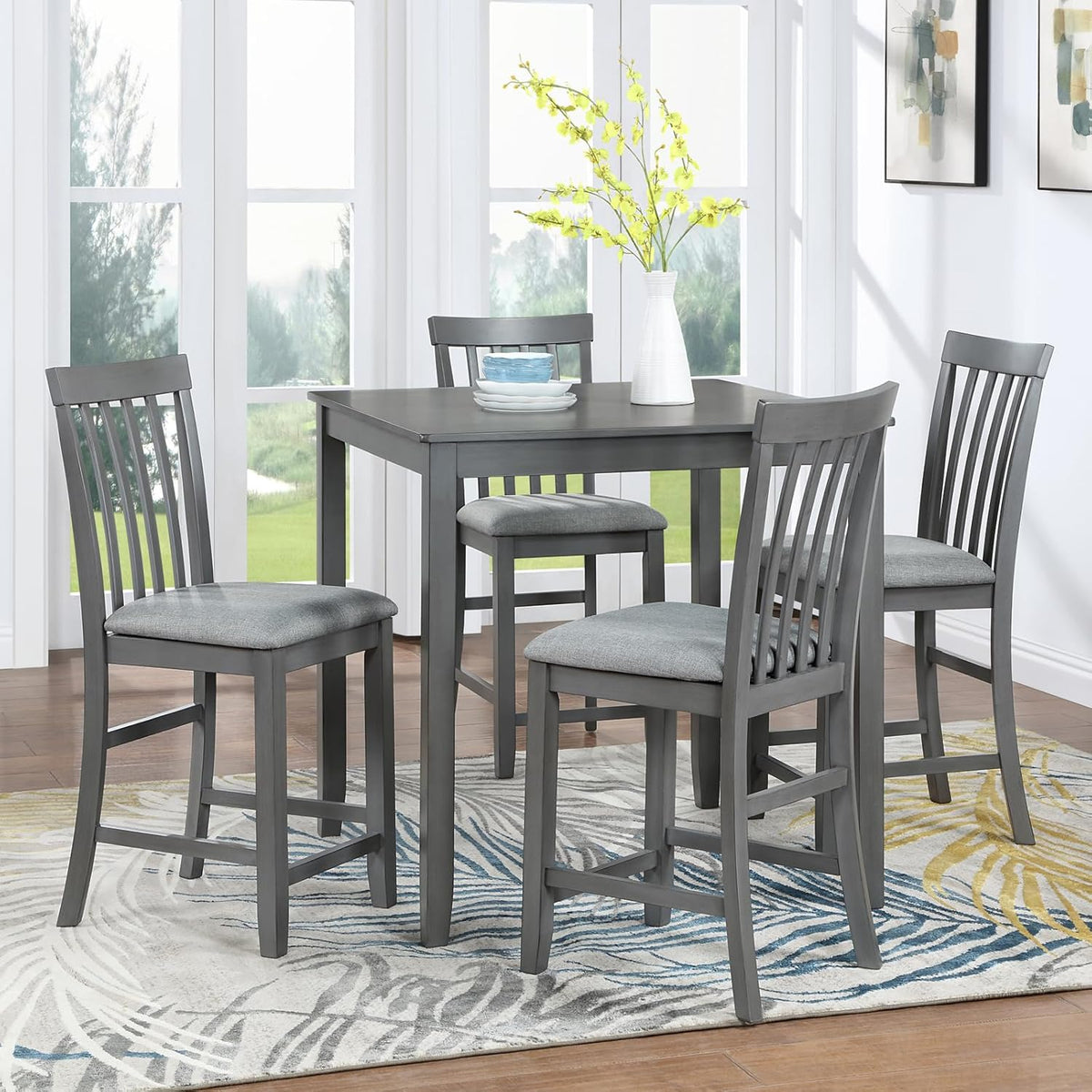 5 Piece Counter Height Dining Table Set with 4 Upholstered Chairs, Dove Gray W279