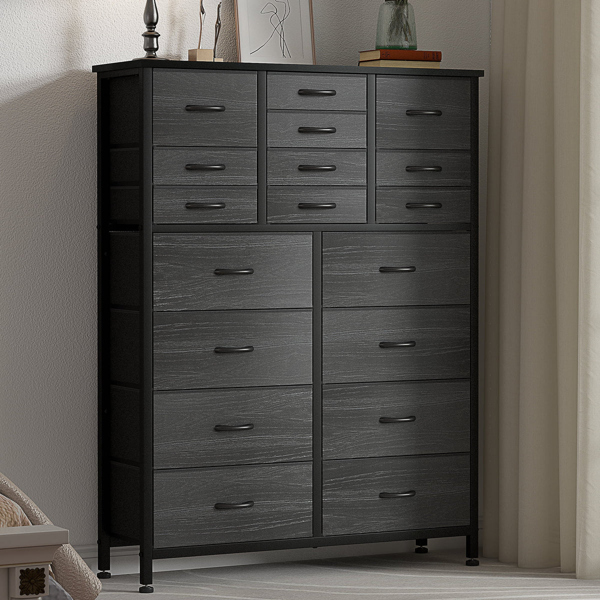 Rustic Brown 18 Drawer Fabric Dresser with Steel Frame O1724