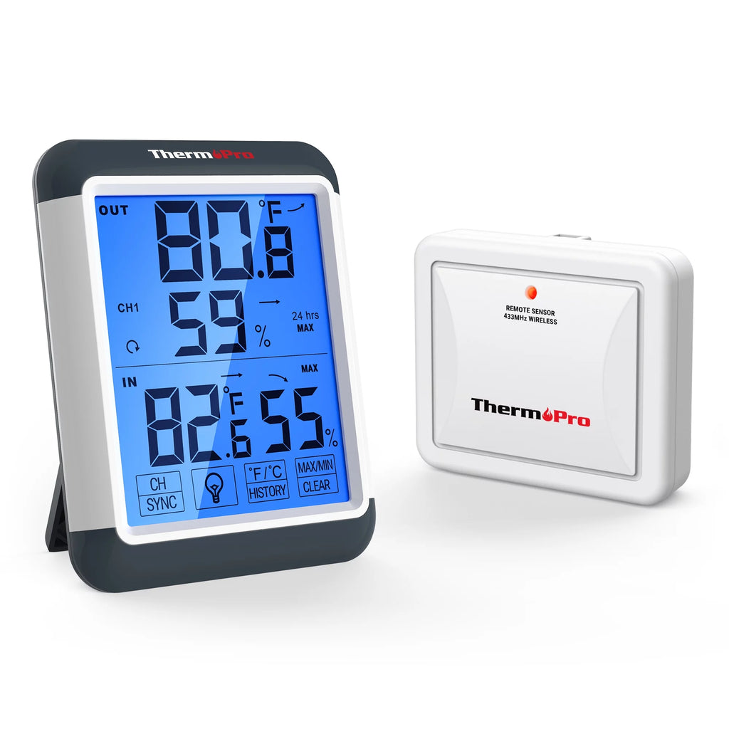 Indoor Outdoor Thermometer Digital Wireless Hygrometer Temperature Humidity Monitor with Jumbo Touchscreen and Backlight D1824