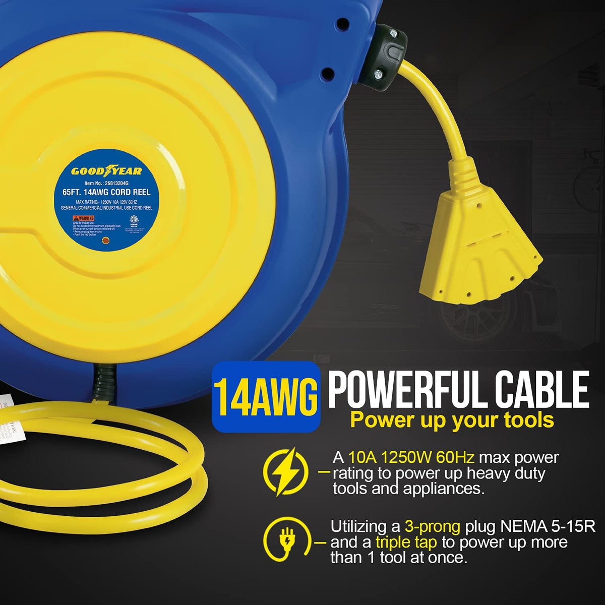 Retractable Extension Cord Reel 14AWG 65 Foot 3C/SJTOW Commercial Cable Triple Tap Connector Power 10A 125VAC 1250W N215273