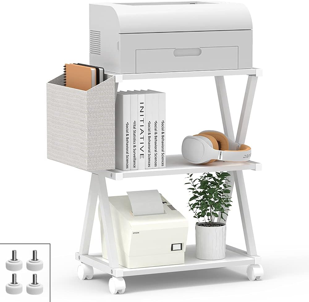 White 3 Tier Wood Printer Stand with Storage Bag I13502