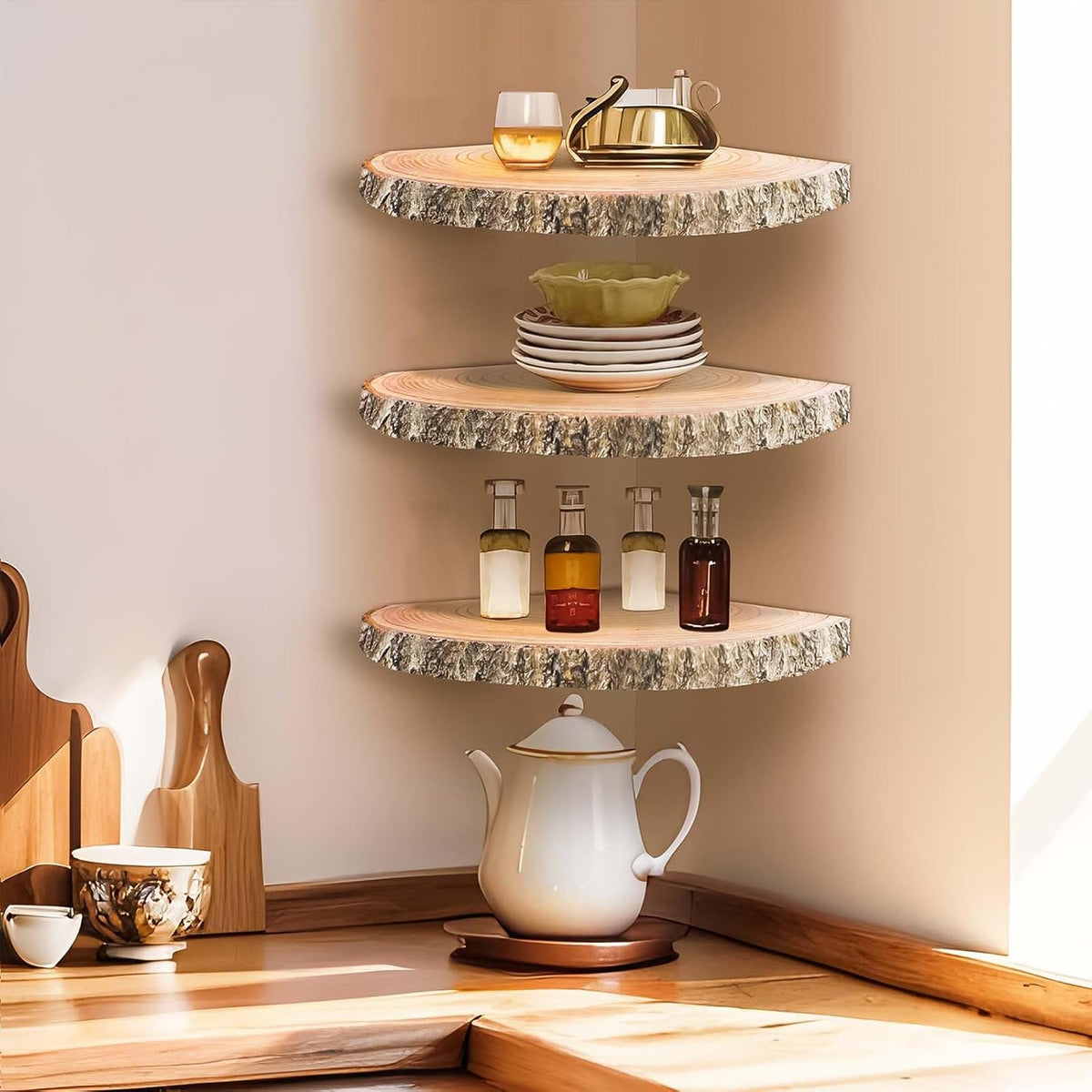 3Pcs Rustic Wood Corner Floating Shelves P58165