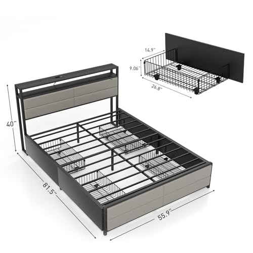 Grey Full Size Bed Frame with 4 Storage Drawers Y518