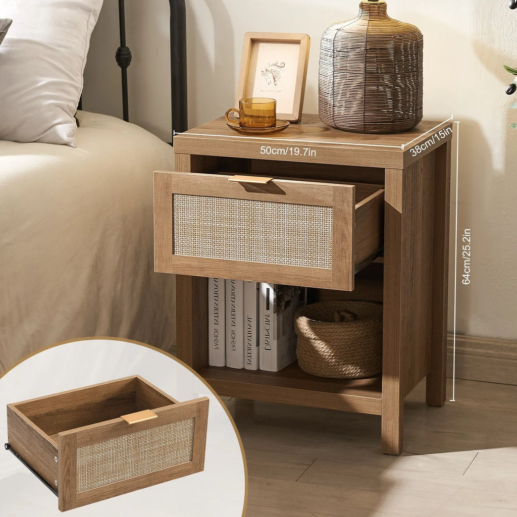 Oak Rattan Nightstand Set of 2 with Drawer and Storage Shelf I755471