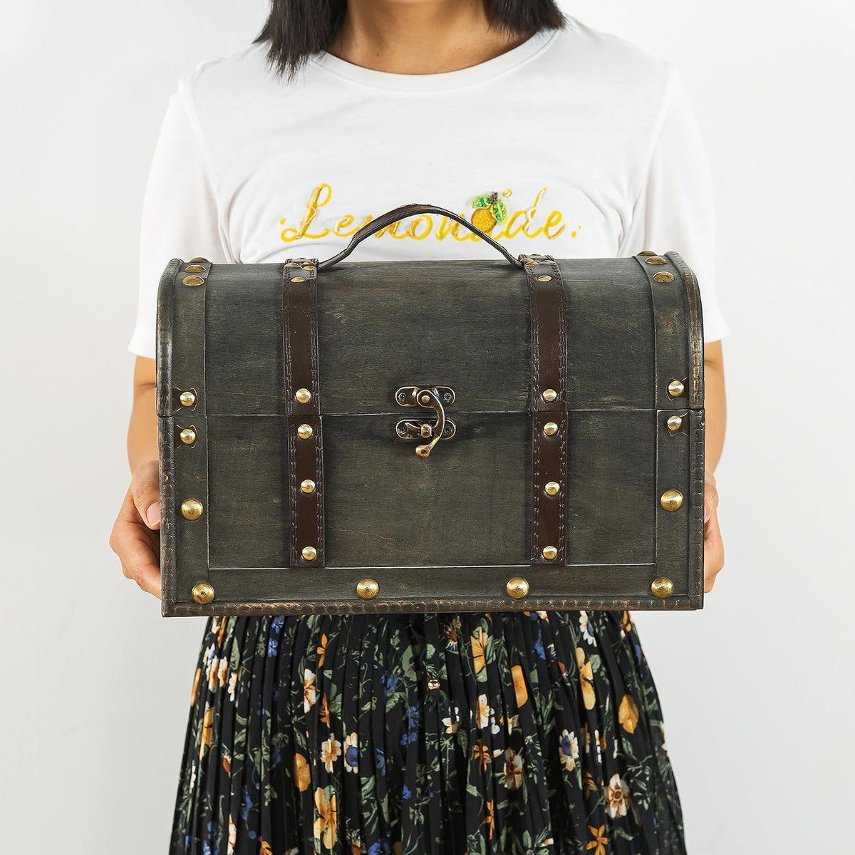 Small Wooden Treasure Chest with Handle and Hinged Lid U33088