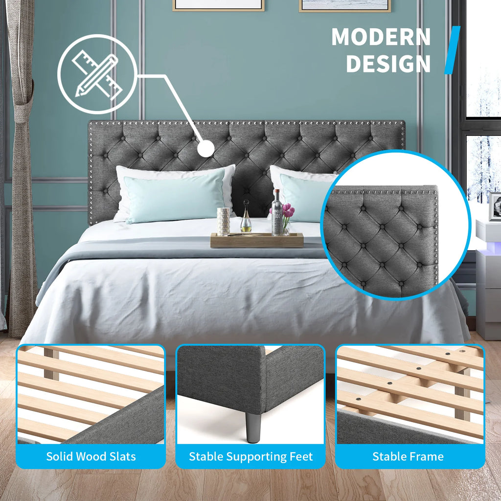 King Size Beige Upholstered Platform Bed Frame O70747