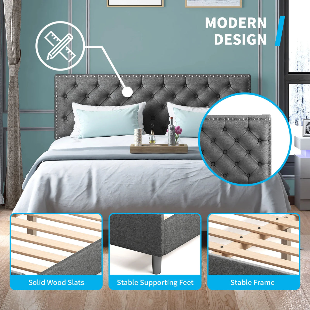 King Size Beige Upholstered Platform Bed Frame O70747