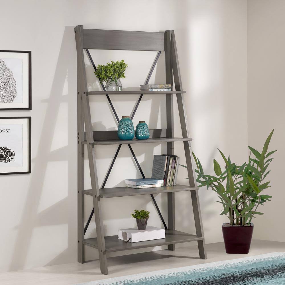 Gray Wood 4-Shelf Ladder Bookcase E215618