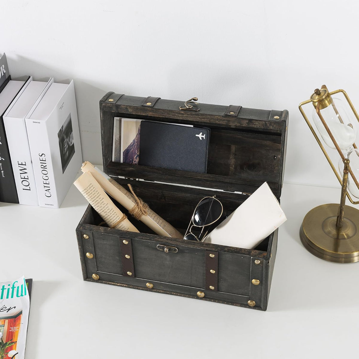 Small Wooden Treasure Chest with Handle and Hinged Lid U33088