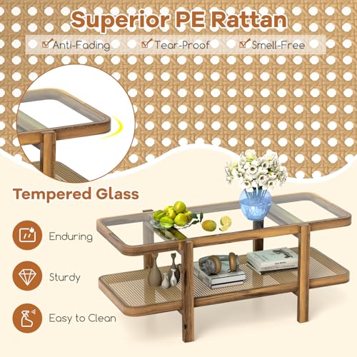 Rattan Coffee Table, 2-Tier with Tempered Glass Tabletop G96975