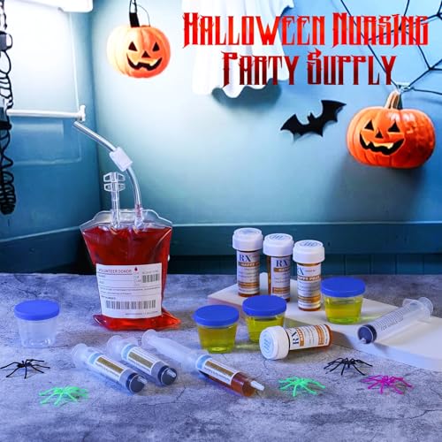 84 Pcs Halloween Party Supplies Empty Pill Bottle Blood Bag Specimen Cup Urine Sample Jar 20 ml Plastic Syringe with Sticky Label E1270