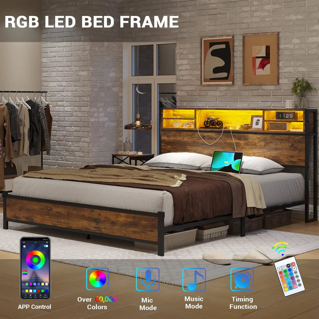 Rustic Brown Full Size Metal Platform Bed Frame with LED Headboard and USB Ports G93376
