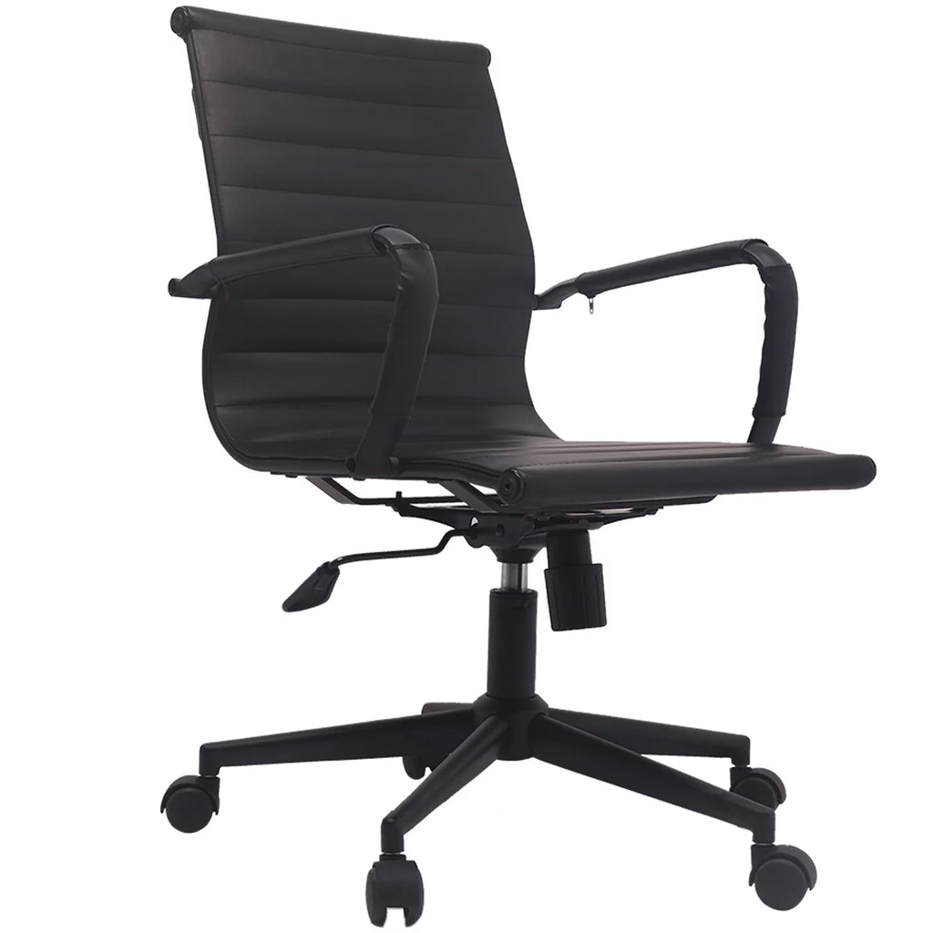 Mid Century Black PU Leather Office Chair with Arms and Wheels H89615