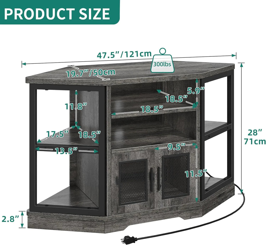Corner TV Stand up to 55 Inch with Power Outlet, Gray Oak I396270