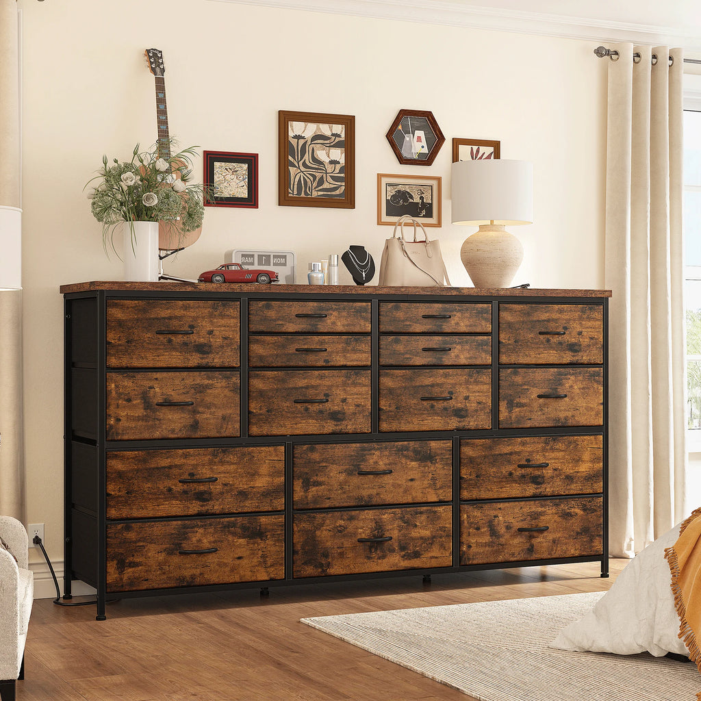 Black 16 Drawer Fabric Dresser TV Stand with Power Outlet P63785