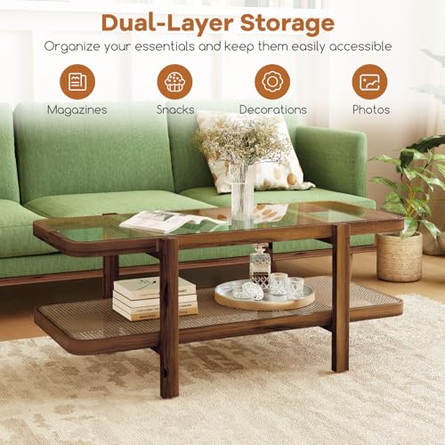 Rattan Coffee Table, 2-Tier with Tempered Glass Tabletop G96975