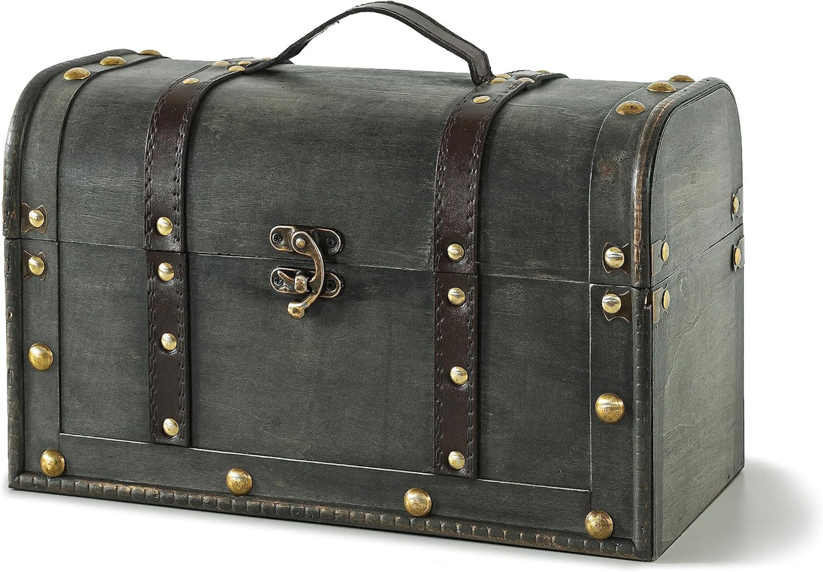 Small Wooden Treasure Chest with Handle and Hinged Lid U33088