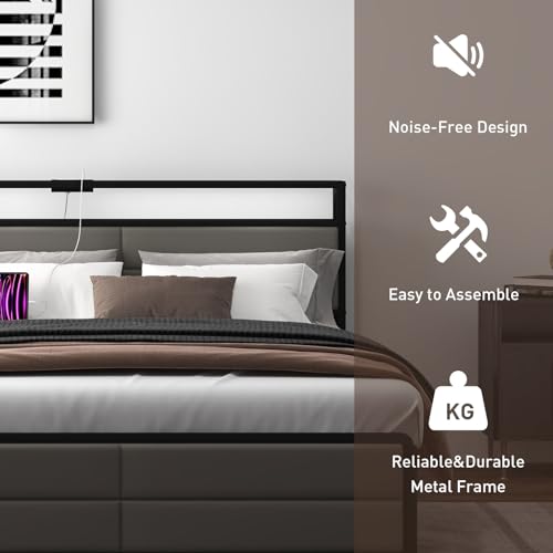 Grey Full Size Bed Frame with 4 Storage Drawers Y518