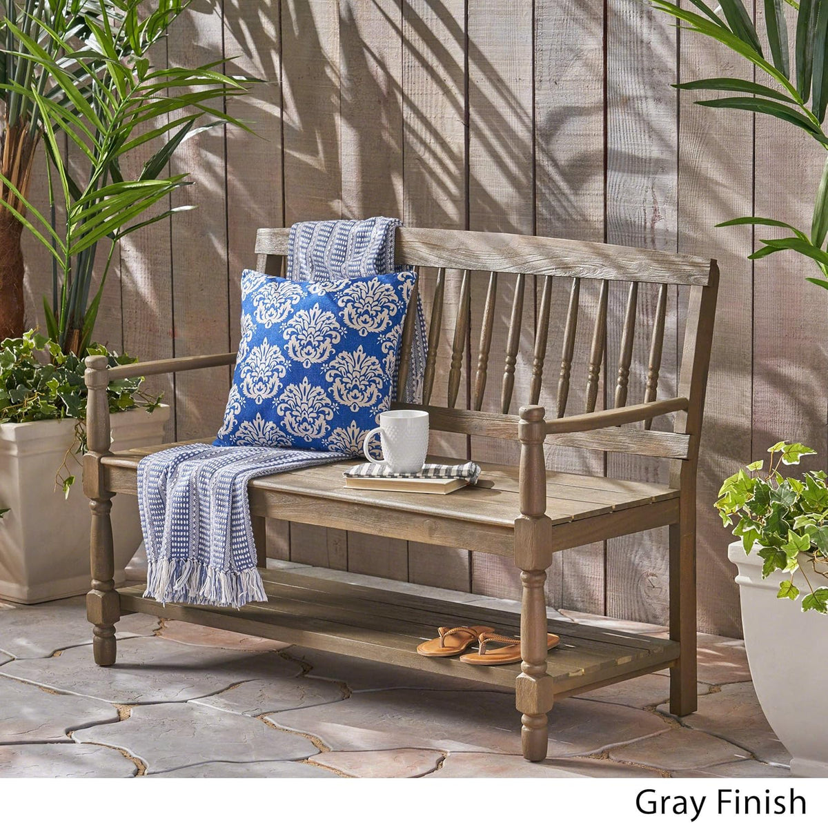 Acacia Wood Outdoor Bench with Shelf C1405