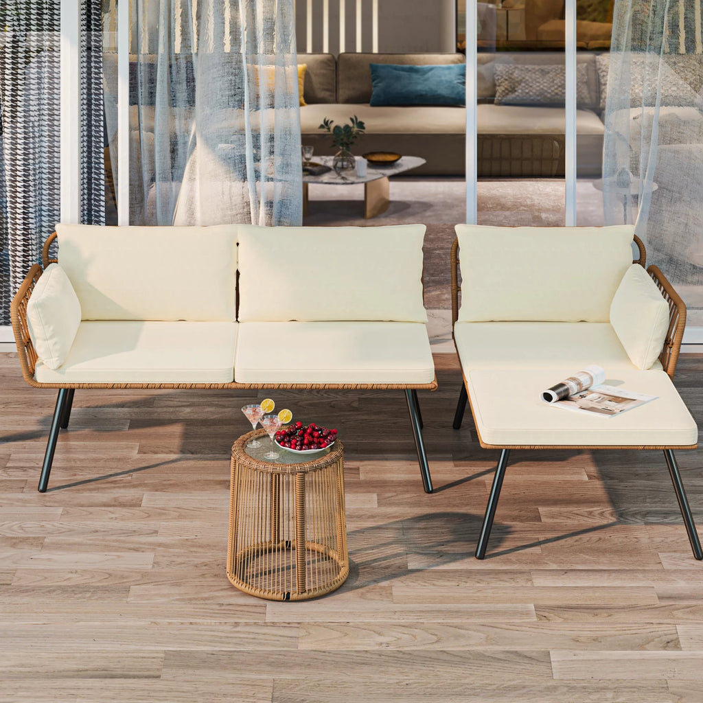 L-Shaped Wicker Patio Sofa Set with Cushions and Coffee Table P826633
