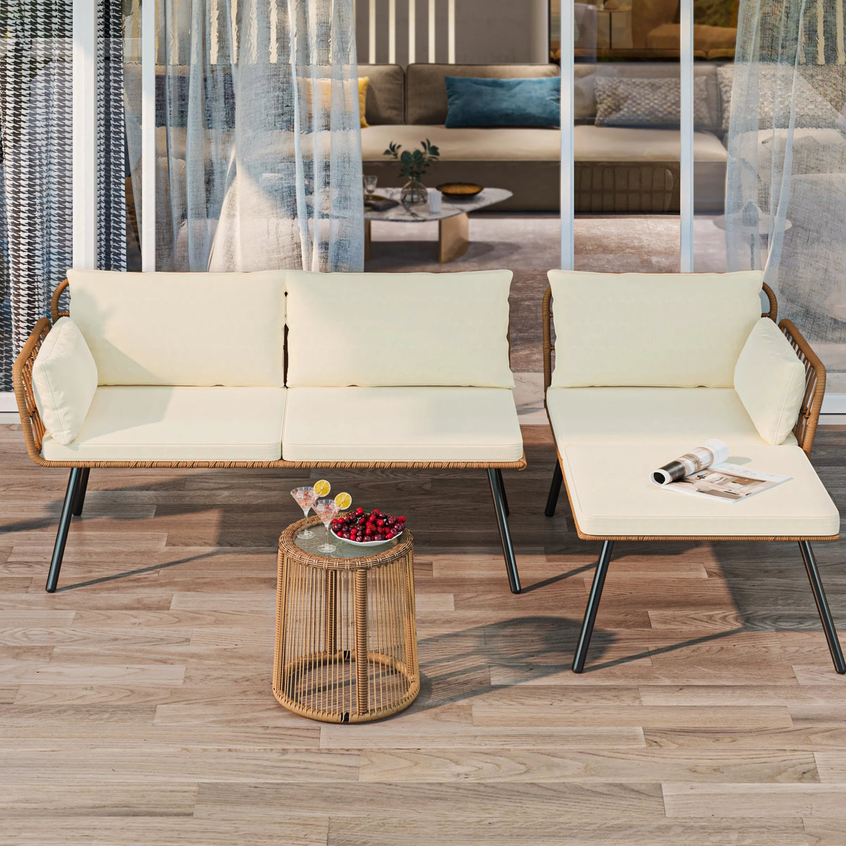 L-Shaped Wicker Patio Sofa Set with Cushions and Coffee Table P826633