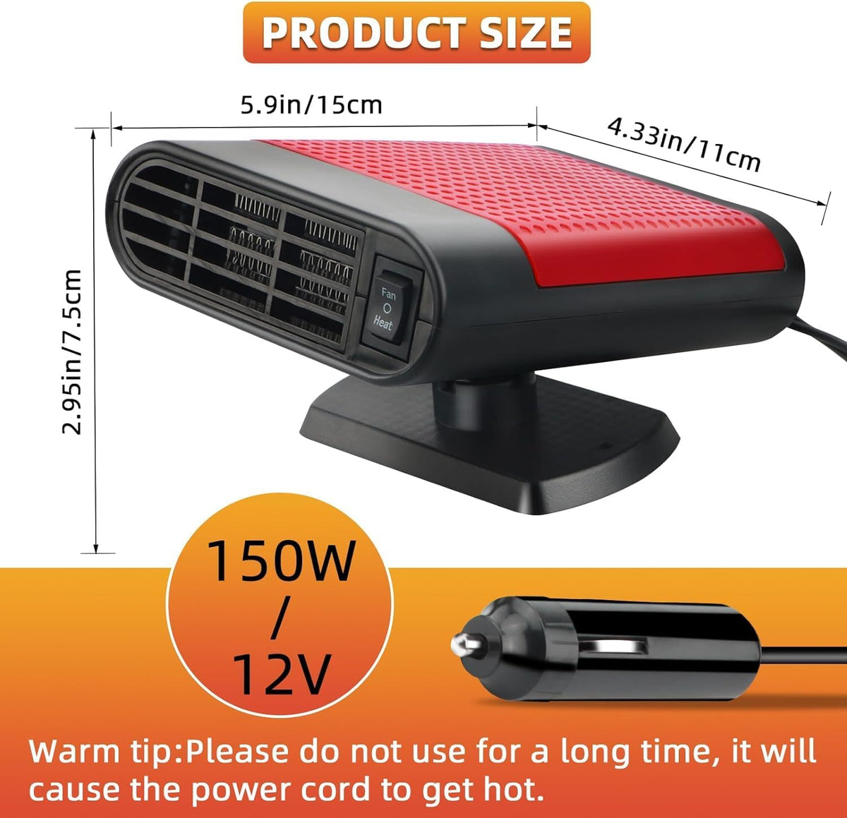 12V 150W Portable Car Heater Defroster with 360-Degree Suction Holder B833