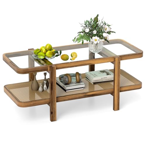Rattan Coffee Table, 2-Tier with Tempered Glass Tabletop G96975