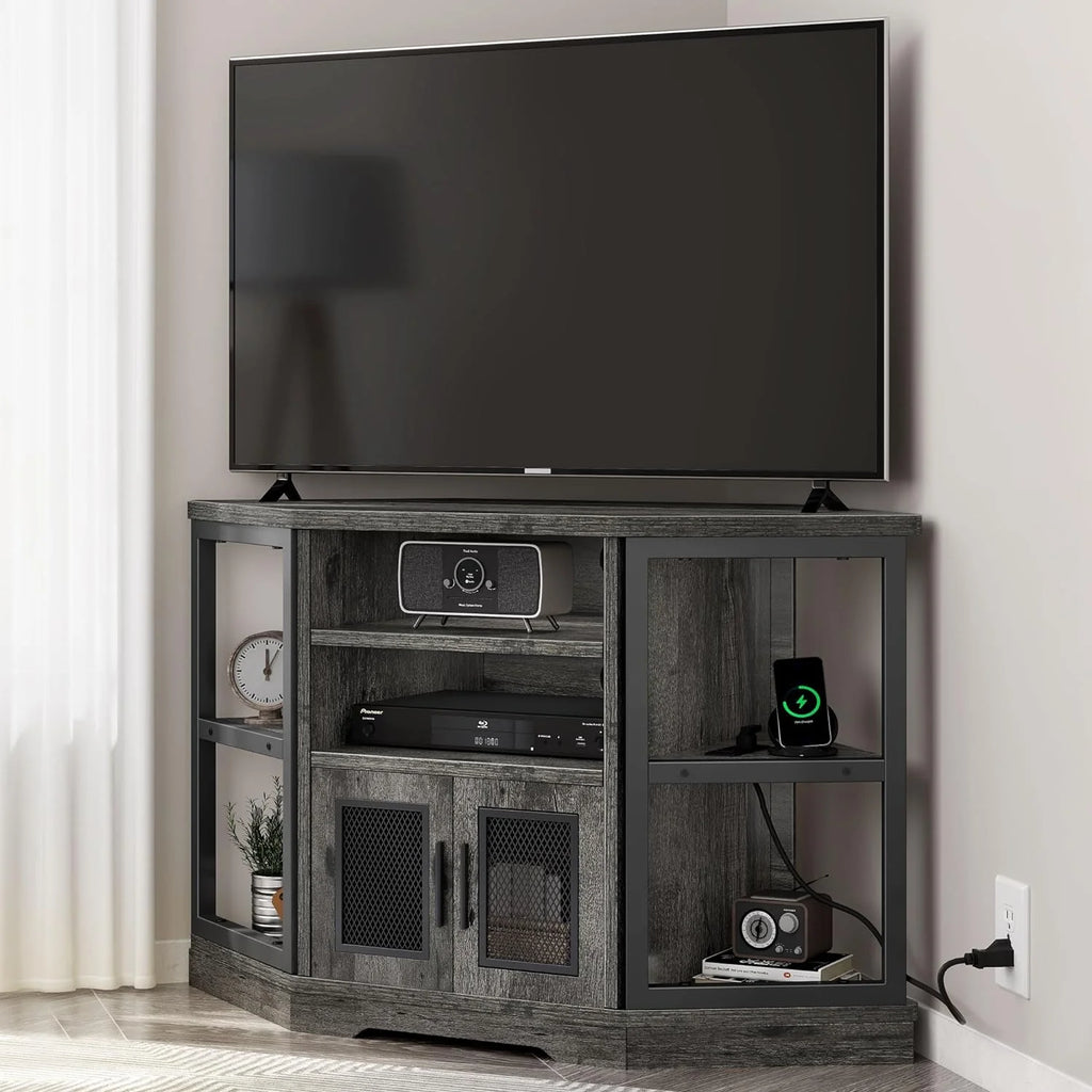 Corner TV Stand up to 55 Inch with Power Outlet, Gray Oak I396270