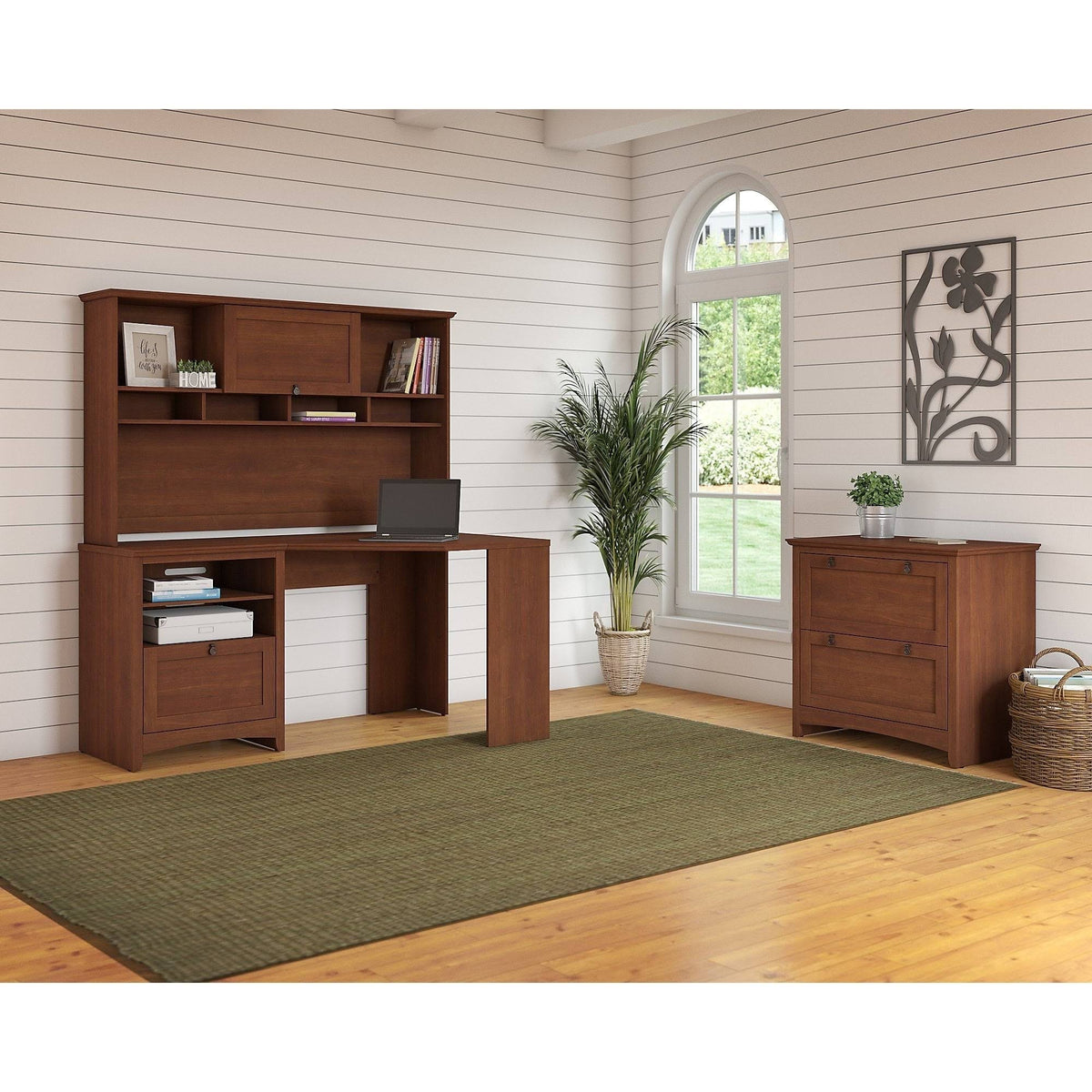 Corner Desk with Hutch and Lateral File Cabinet in Serene Cherry G73696