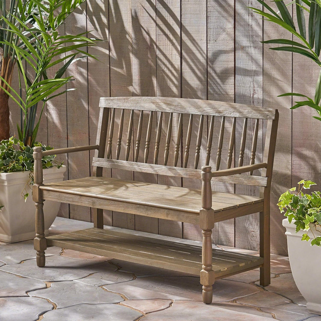 Acacia Wood Outdoor Bench with Shelf C1405