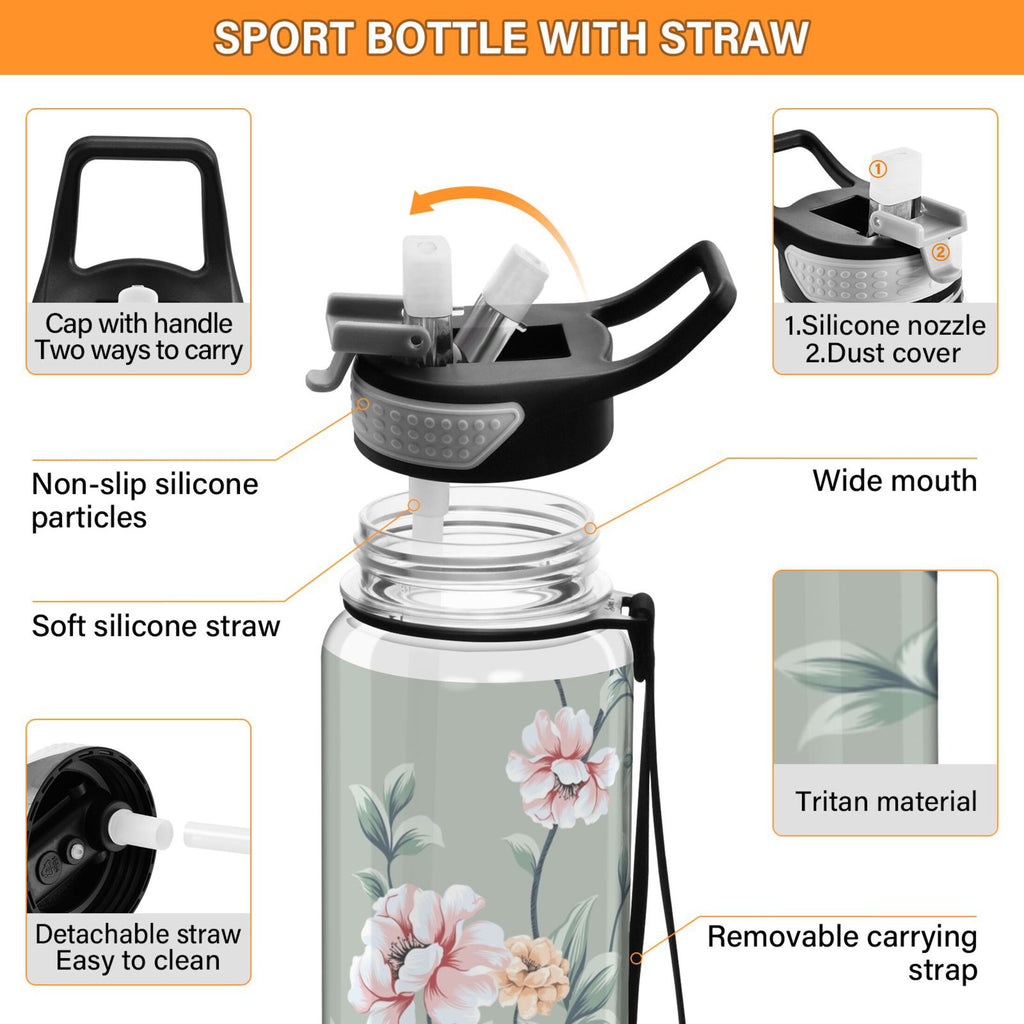Pink Flowers Green Leaves 32oz Tritan Leakproof Sports Bottle B1300