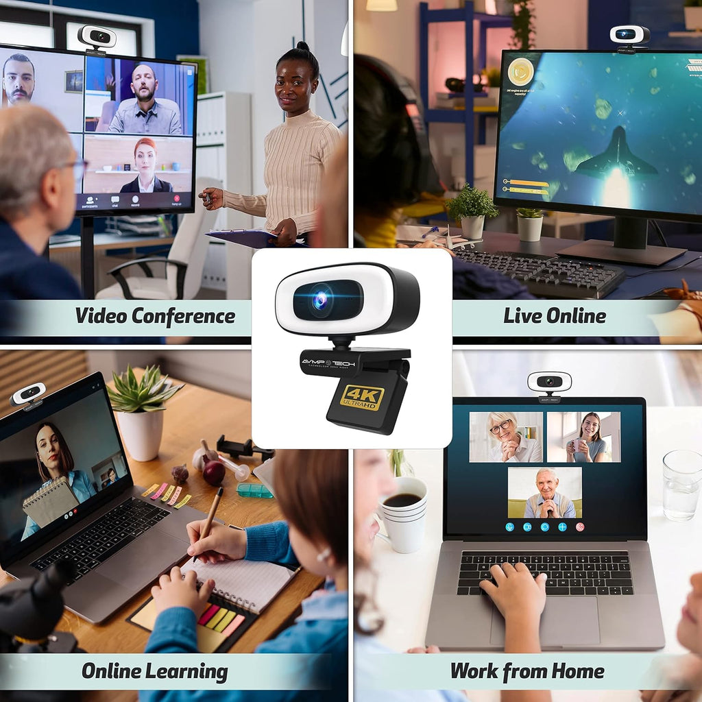 4K Webcam with Light, 8MP Autofocus USB Web Cam with Microphone, Tripod, USBC, Privacy Cover, Pack of 2 K64912