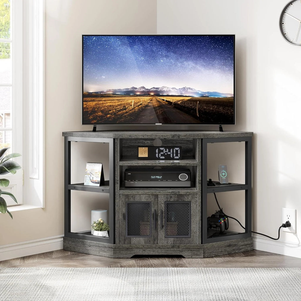 Corner TV Stand up to 55 Inch with Power Outlet, Gray Oak I396270