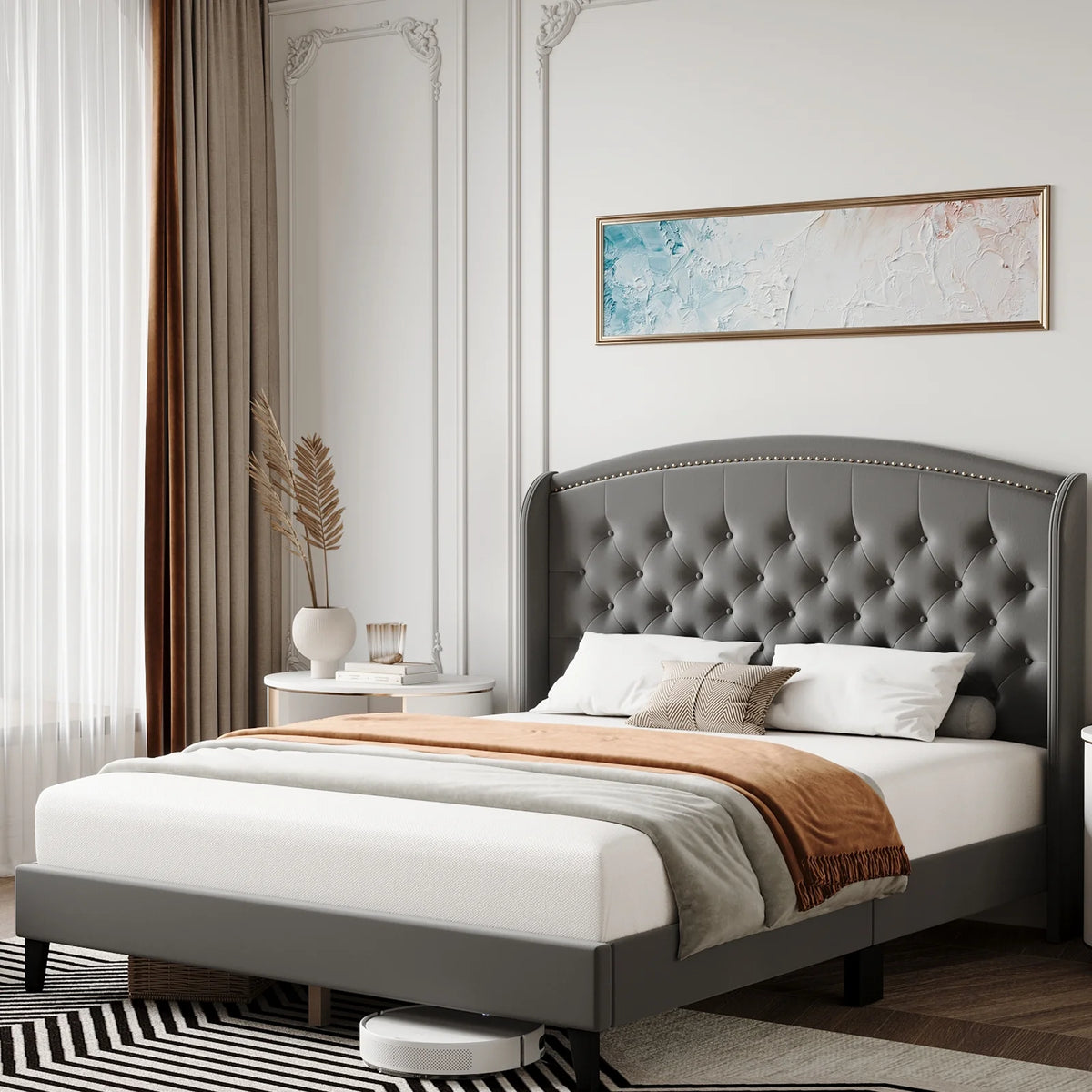 Full Size Beige Upholstered Platform Bed Frame with Wood Slats A31811