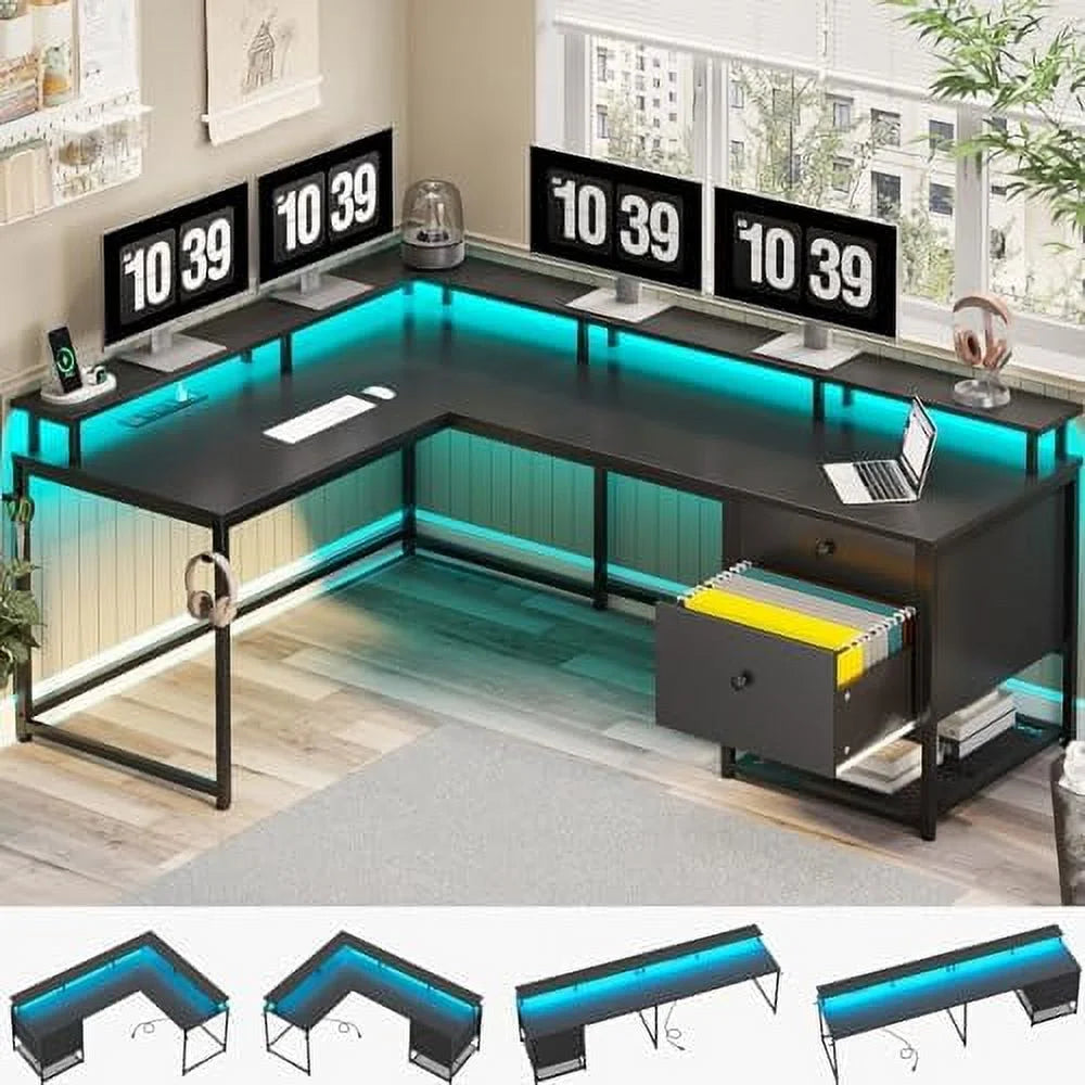 Black L Shaped Corner Computer Desk with Drawers O613