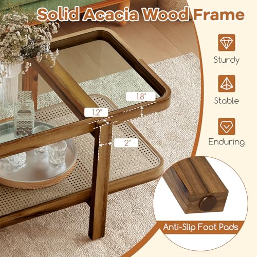 Rattan Coffee Table, 2-Tier with Tempered Glass Tabletop G96975