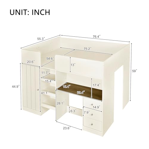Gray Full Size Wood Loft Bed with Desk K4336