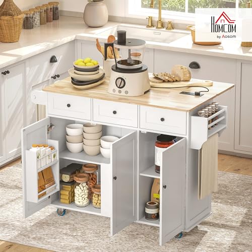 White Rolling Kitchen Island with Wood Top, 3 Drawers, Adjustable Shelf M77617