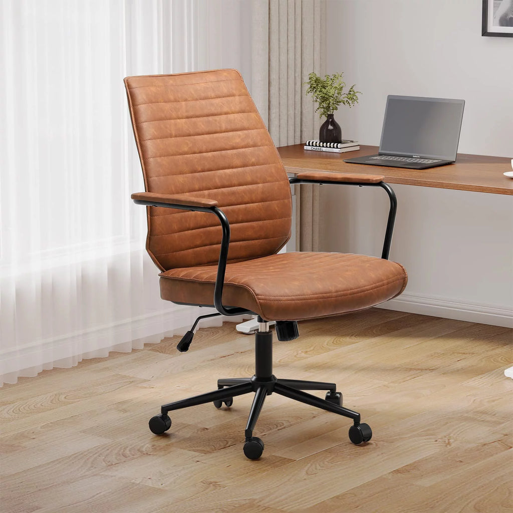 Brown Leather Office Chair with Wheels and Armrest W114