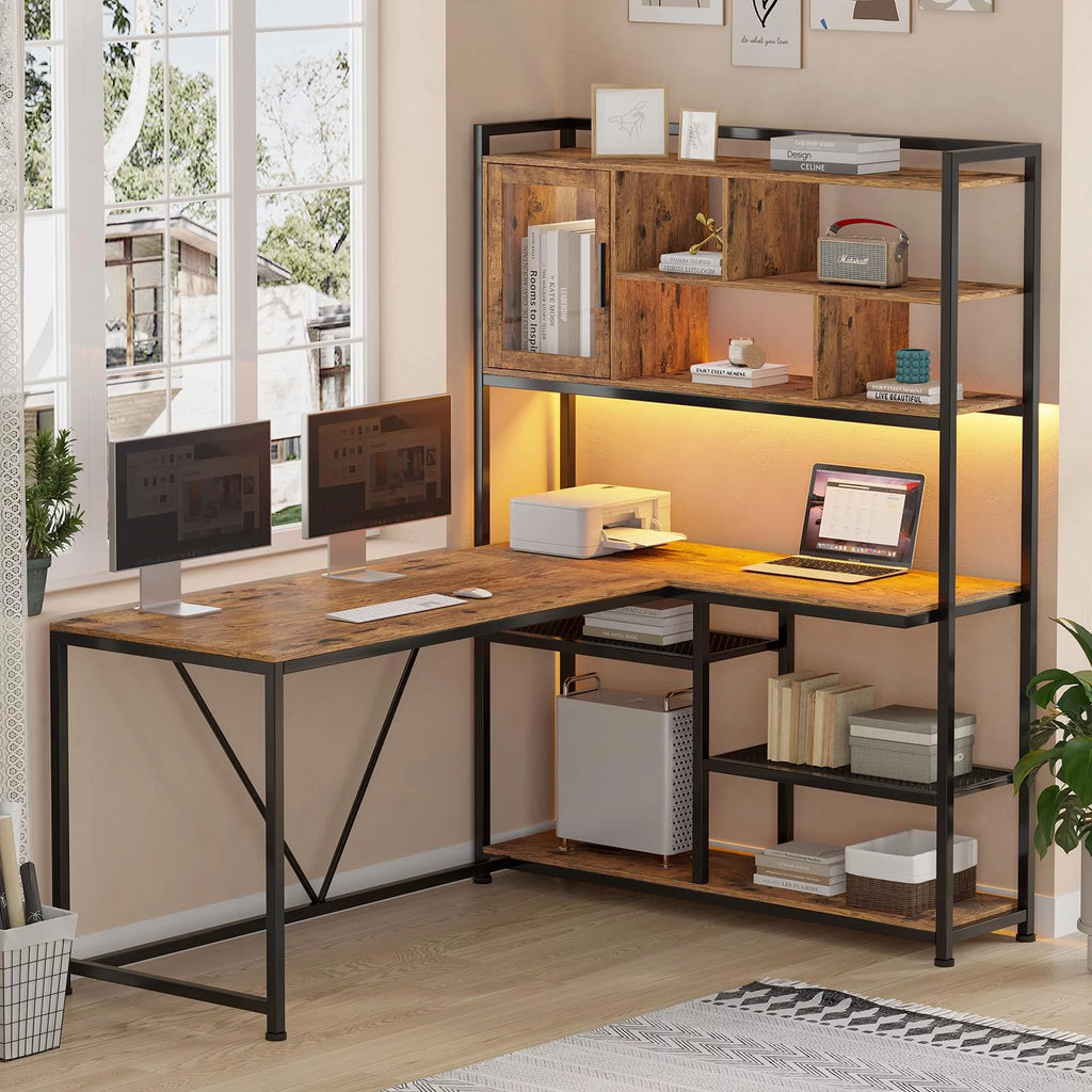 L Shape Computer Desk with LED Light and Bookshelf Y591