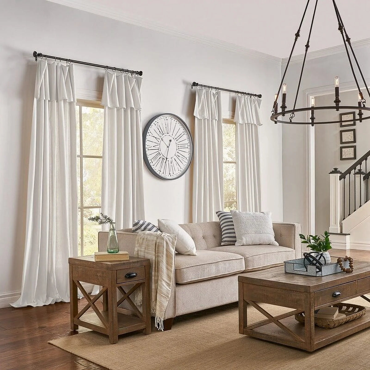 Off White 84 Inches Light Filtering Ring Top Tab Curtain Panel with Valance G7319