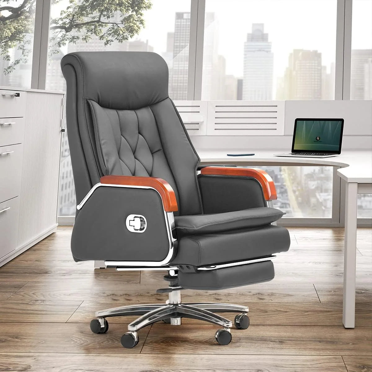 Black Leather Reclining Office Chair with Footrest B2267