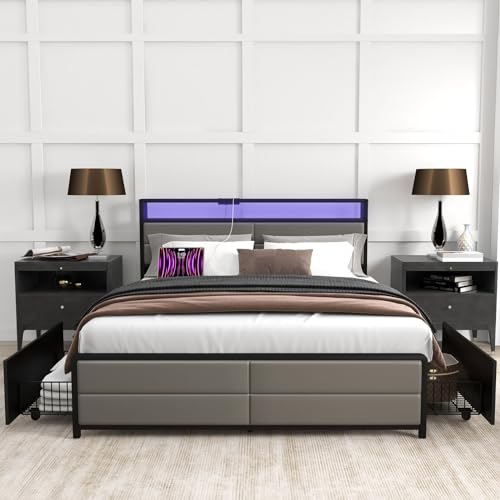 Grey Full Size Bed Frame with 4 Storage Drawers Y518