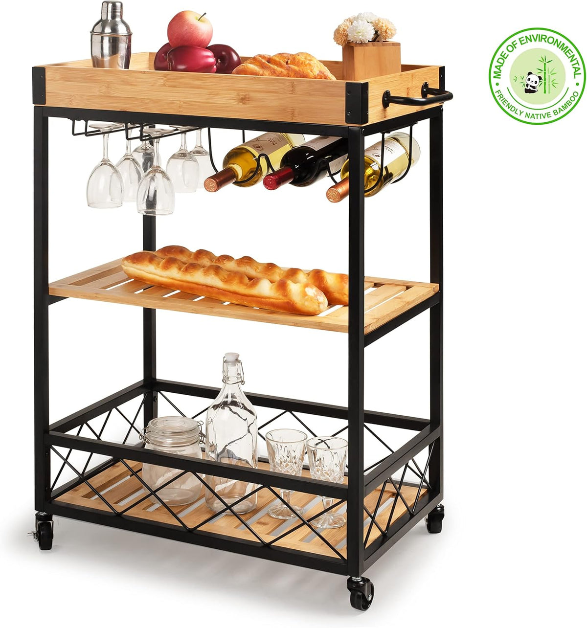 Bamboo Kitchen Cart with Mesh Shelves N527
