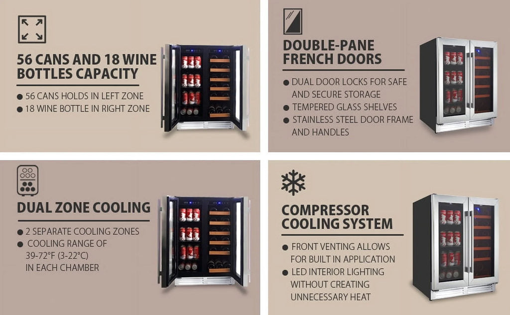 18 Bottles and 56 Cans Built-In Under-Counter 24 Inch Dual Zone Wine Cooler and Beverage Fridge J12445