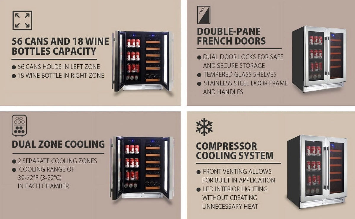 18 Bottles and 56 Cans Built-In Under-Counter 24 Inch Dual Zone Wine Cooler and Beverage Fridge J12445