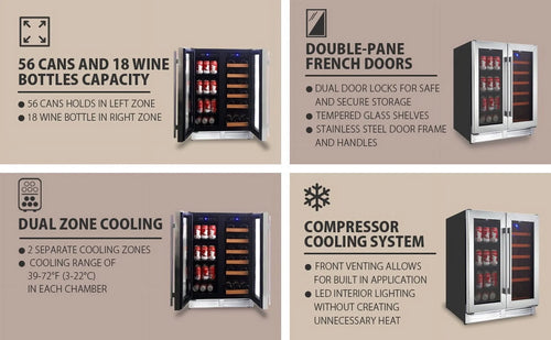 18 Bottles and 56 Cans Built-In Under-Counter 24 Inch Dual Zone Wine Cooler and Beverage Fridge J12445